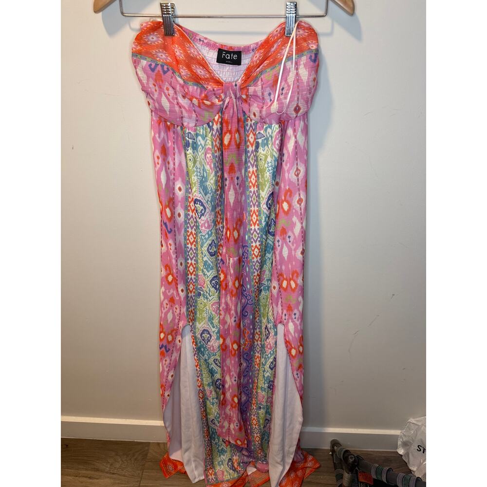 Fate Boho Print Strapless Maxi Dress Tie Front Size Small